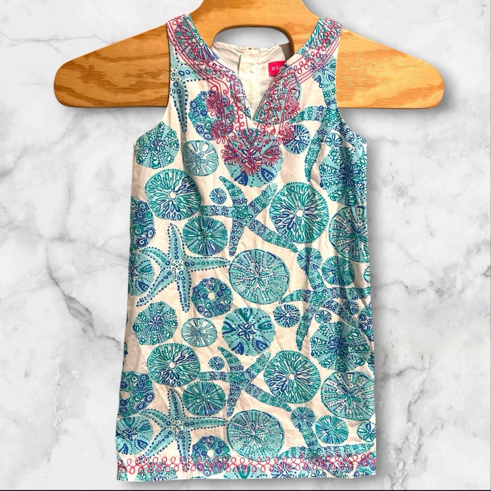 LILLY PULITZER GIRLS DRESS Large (10-12) BLUE & WHITE SAND DOLLAR LINED